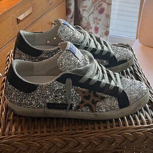 Authentic $595 Golden Goose Superstar Silver Glitter & Leopard Star Sneaker